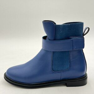 Blue Women Chic Formal Pull On Block Low Heel Ankle Booots Round Toe Booties